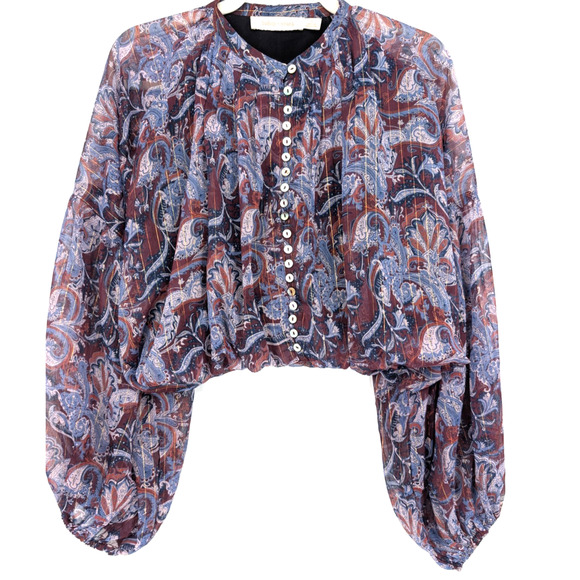 Bishop + Young Paisley Button Up Balloon Sleeve Sheer Bubble Hem Blouse Small - Picture 1 of 9